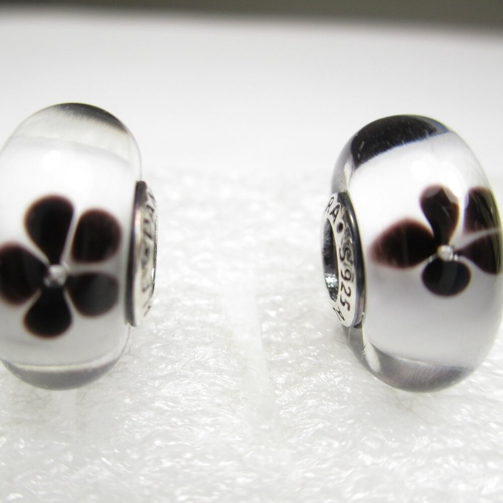 Set of 2 Black & White Cherry Blossom Pandora Murano Glass Charm Summer Time NEW